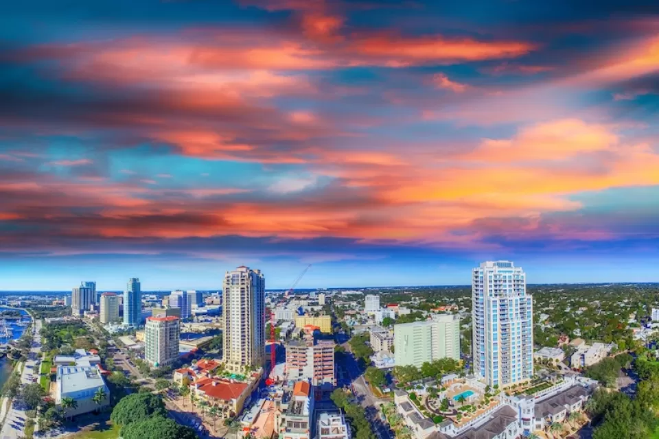 Aerial view of downtown St. Petersburg, Florida at sunset.